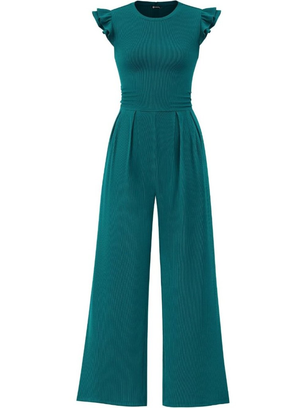 Women's Blue Green Crewneck Jumpsuits Cap Sleeve Ruffle Ribbed Wide Leg Romper